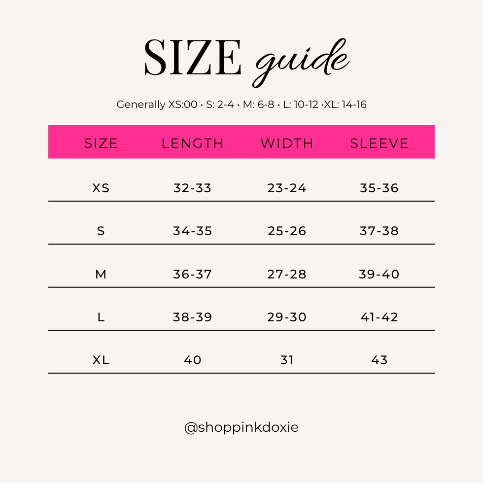 Size guide chart for clothing with measurements in centimeters on a white background.