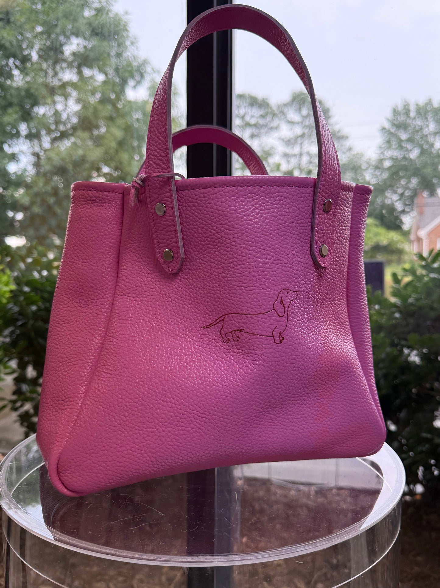 Jazzy Andi Ann Mini Bag – Pink Leather with Rose Gold Dachshund Logo - Accessories