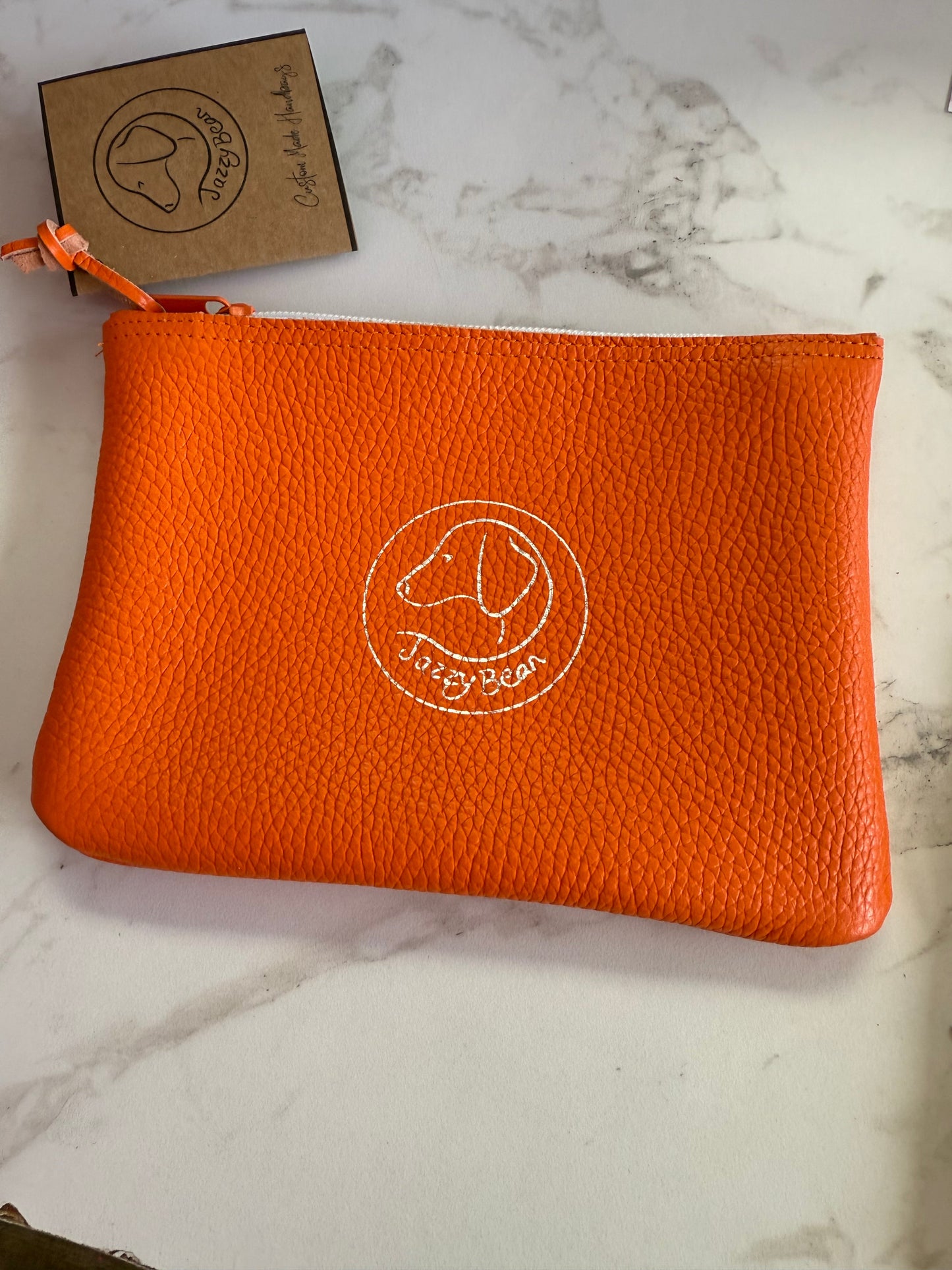 Jazzy Bean Leather Zipper Pouch – Tennessee Orange with Silver Logo - Accessories