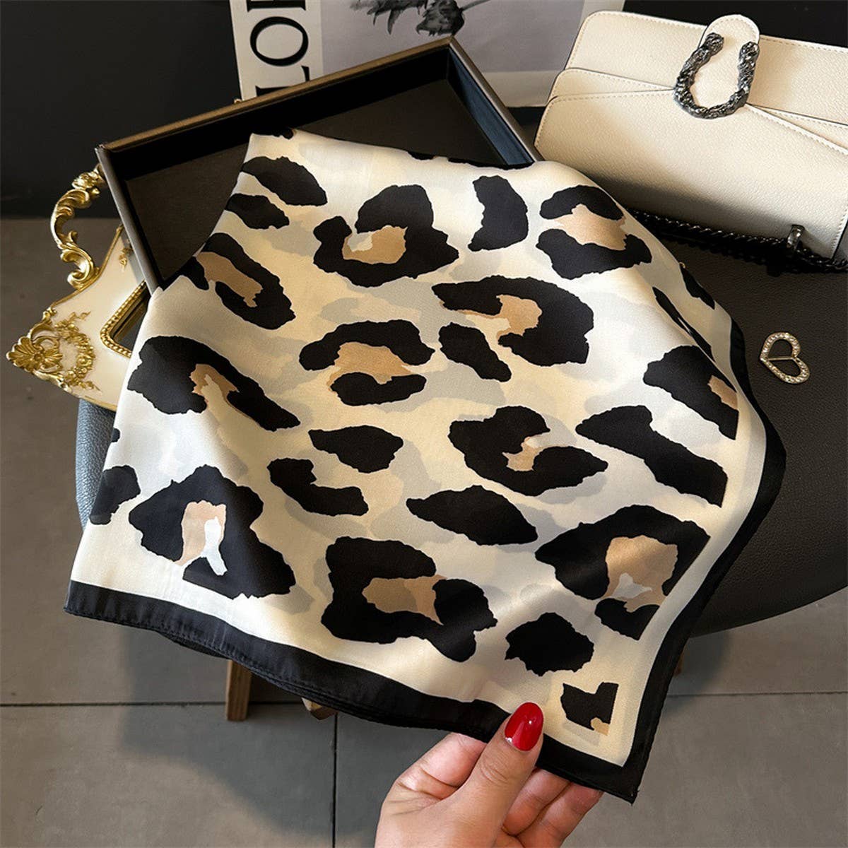 Leopard Print Satin Square Scarf – 27.6” Square - Leopard - Accessories