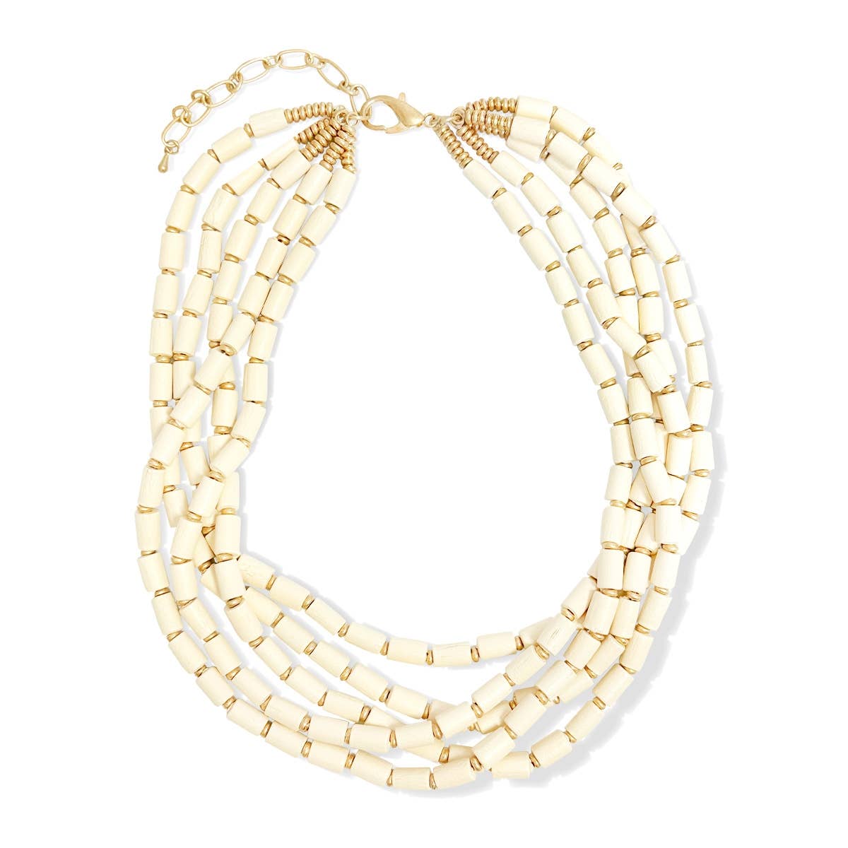 Madelyn Layered Wooden Bead Necklace – Adjustable 18’’-21’’ with Gold Accents - White