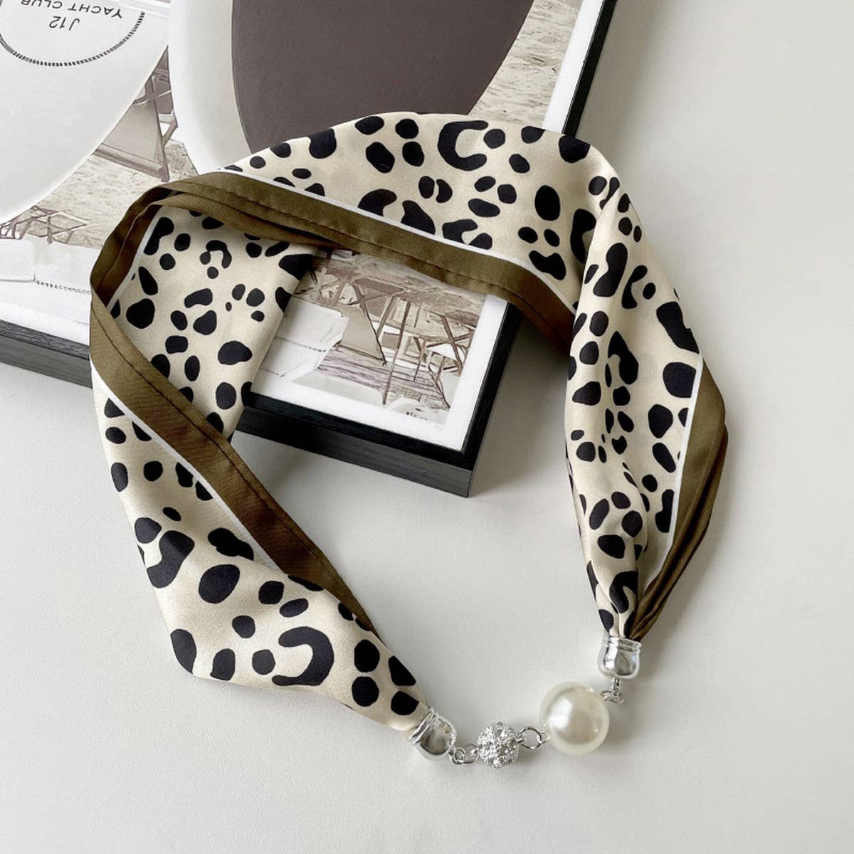 Magnetic Silk Scarf Necklace – Elegant Neck Wrap with Statement Clasp - Leopard - Accessories