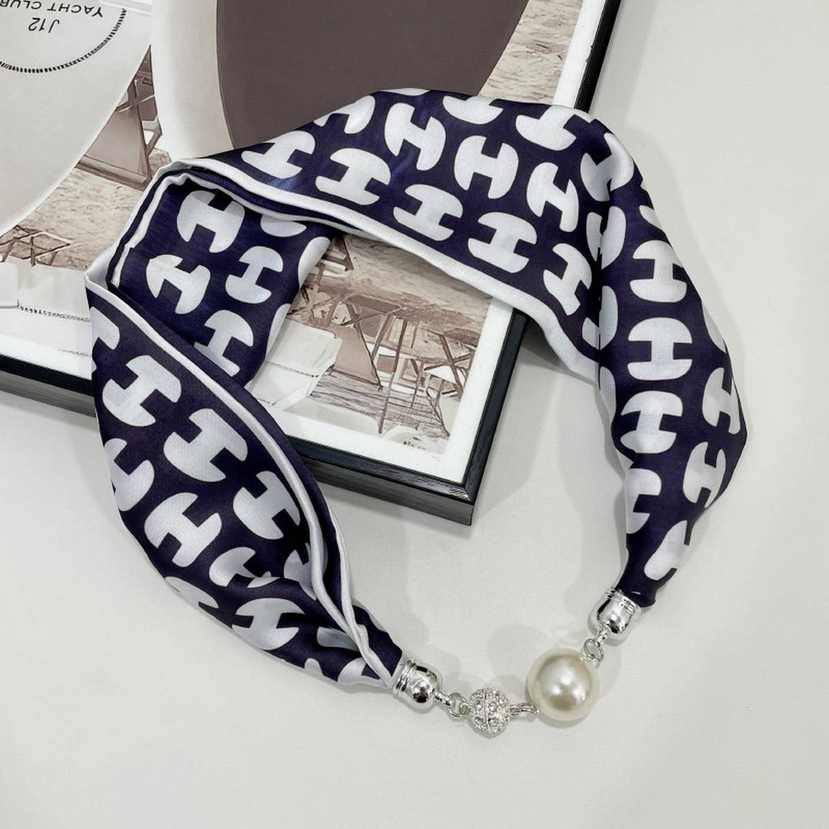 Magnetic Silk Scarf Necklace – Elegant Neck Wrap with Statement Clasp - Navy - Accessories
