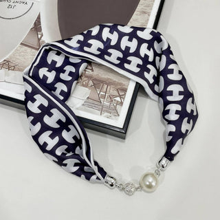 Magnetic Silk Scarf Necklace – Elegant Neck Wrap with Statement Clasp - Navy - Accessories