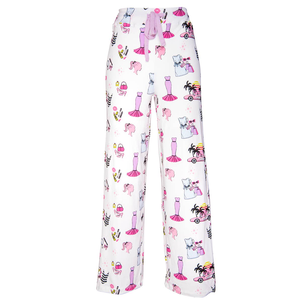 Malibu Girl Pajama Pants | White Pink Fun Retro PJ Bottoms - S