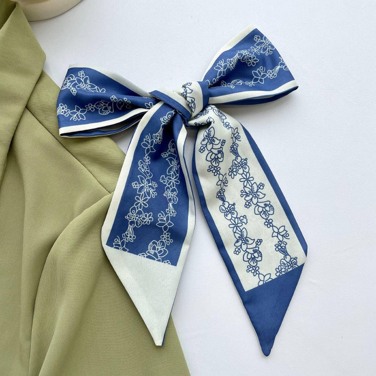 Narrow Floral Bow Scarf - Blue Floral Bow - Accessories