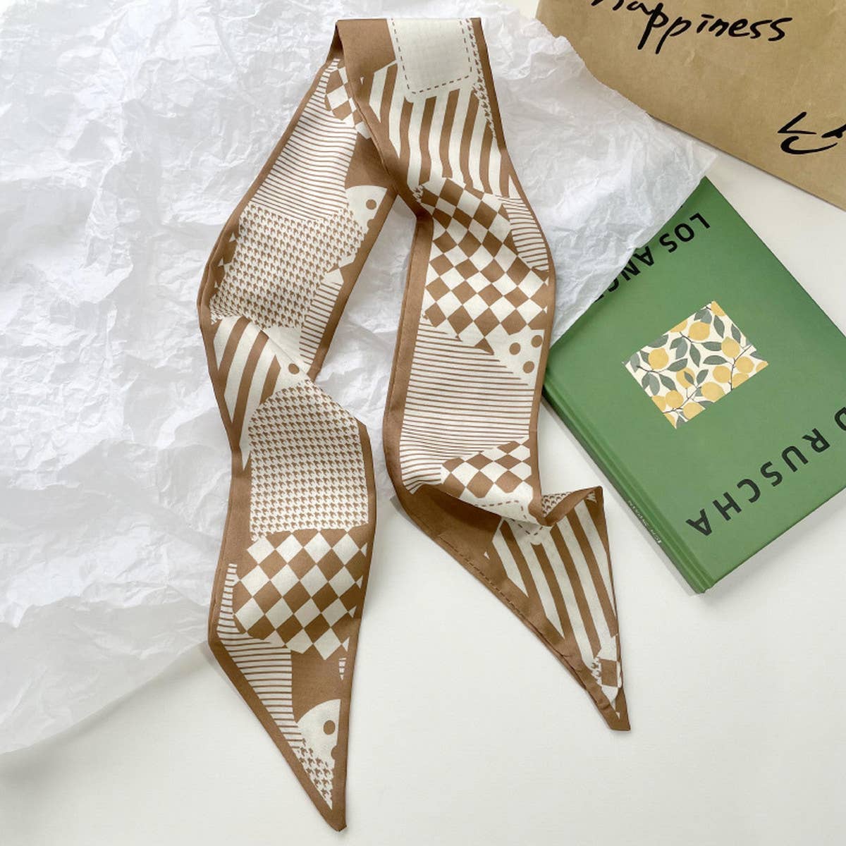 Neutral Long Twilly Scarf – Soft Patterned Skinny Scarves (4 Styles) - Khaki Geometry - Accessories