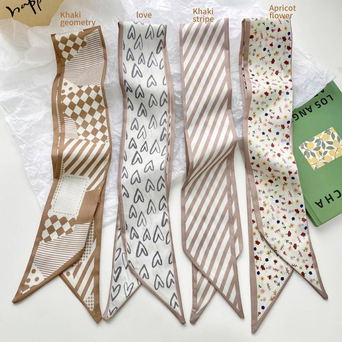 Neutral Long Twilly Scarf – Soft Patterned Skinny Scarves (4 Styles) - Accessories