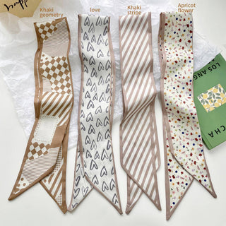 Neutral Long Twilly Scarf – Soft Patterned Skinny Scarves (4 Styles) - Accessories