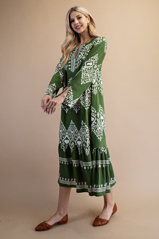 Olive & Cream Printed Midi Dress - Dress