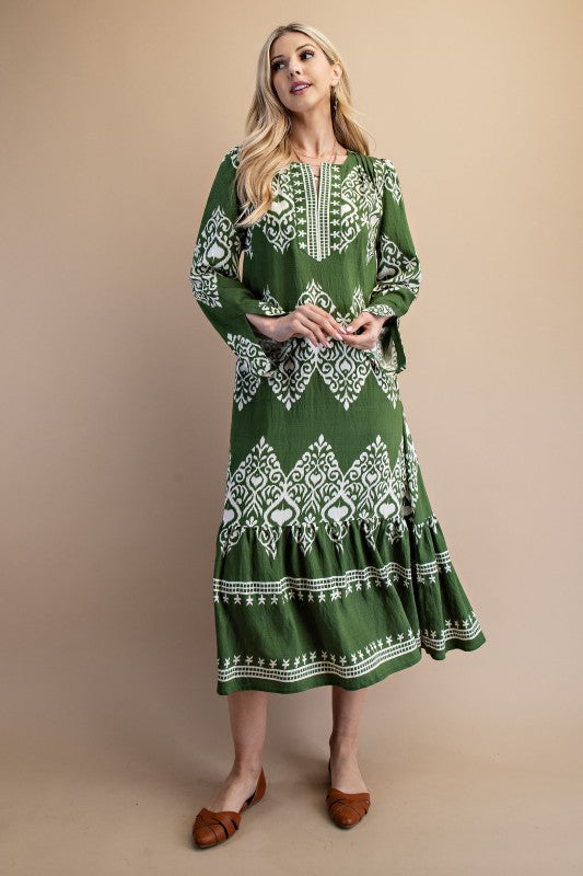 Olive & Cream Printed Midi Dress - Dress