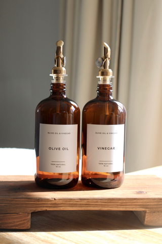 Olive & Vinegar Glass Bottles – Elegant Amber with Gold Spout (16 oz.) - Olive Oil