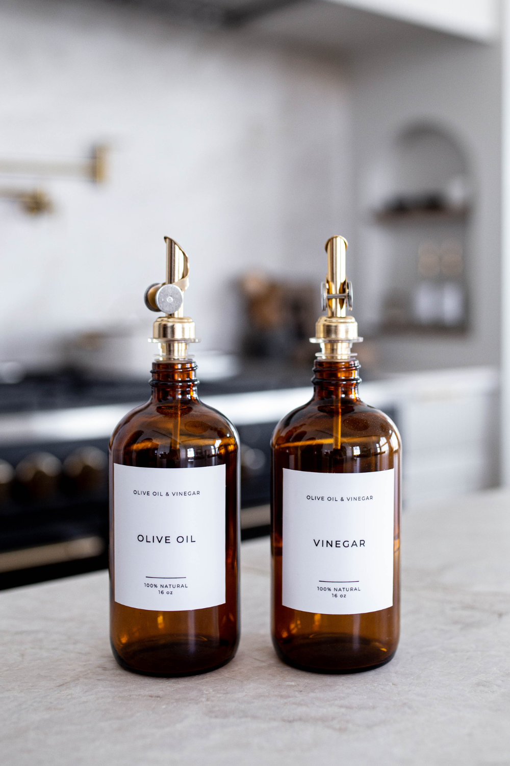 Olive & Vinegar Glass Bottles – Elegant Amber with Gold Spout (16 oz.) - Olive Oil