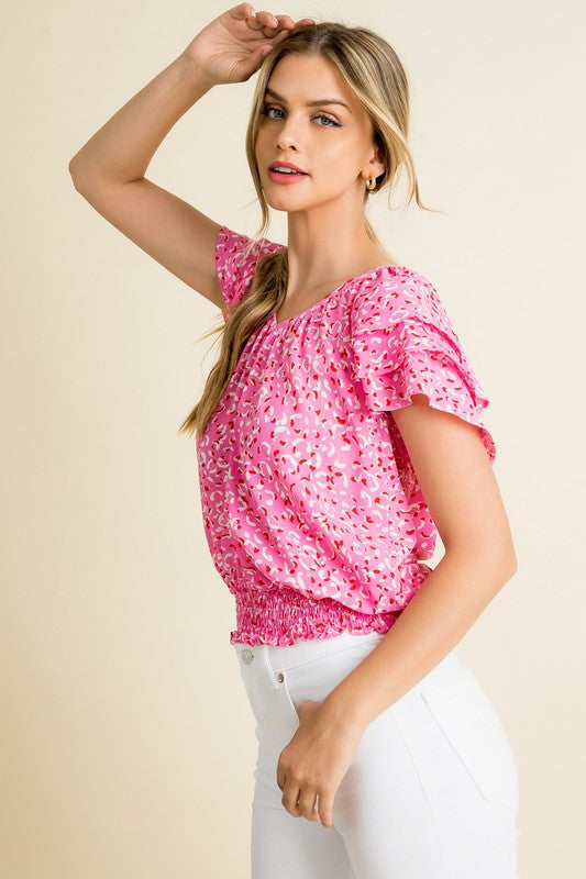 Pink Cheetah Print Flutter Sleeve Blouse - Women > Tops