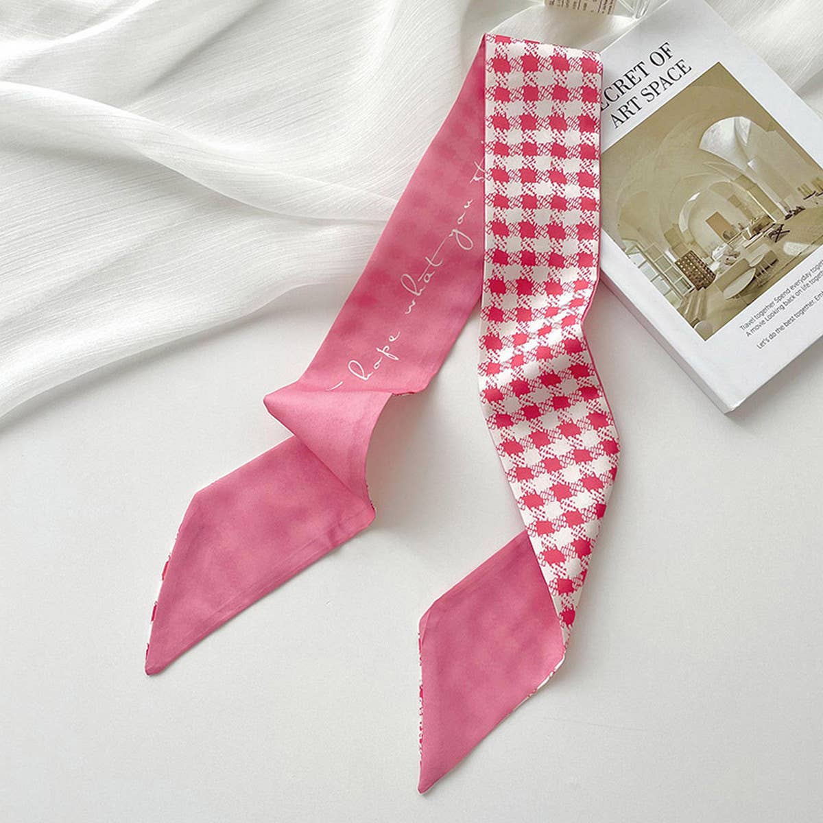 Pink Gingham Skinny Scarf – Reversible Script & Check Ribbon - Pink Gingham - Accessories