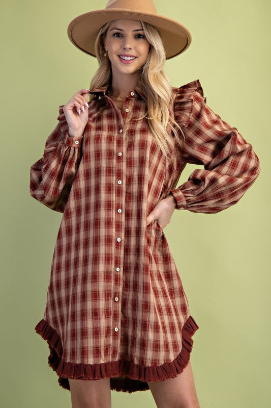 Plaid Ruffle Mini Shirt Dress - Dress