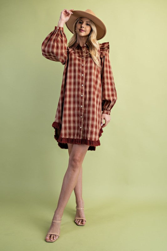 Plaid Ruffle Mini Shirt Dress - Dress
