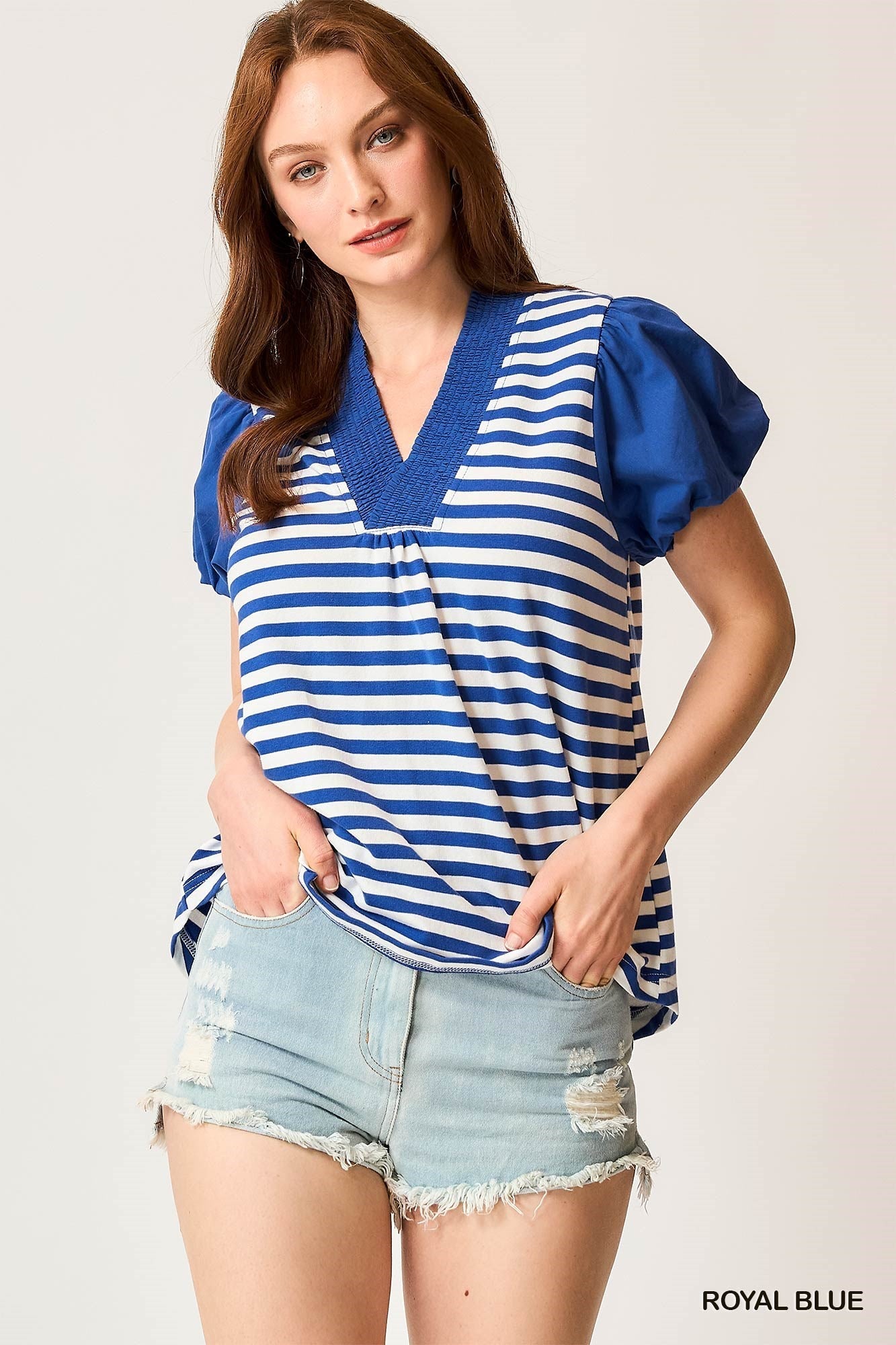 Royal Blue Striped Puff Sleeve V-Neck Blouse - Women > Tops