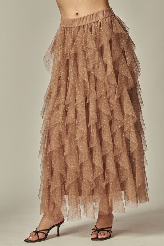 Ruffle Asymmetric Dotted Tulle Skirt - Khaki / S - Skirt