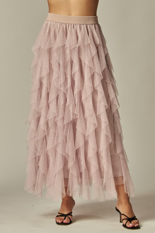 Ruffle Asymmetric Dotted Tulle Skirt - Rose / S - Skirt