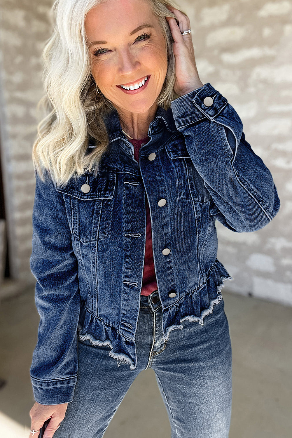 Ruffle Hem Denim Jacket - Jacket