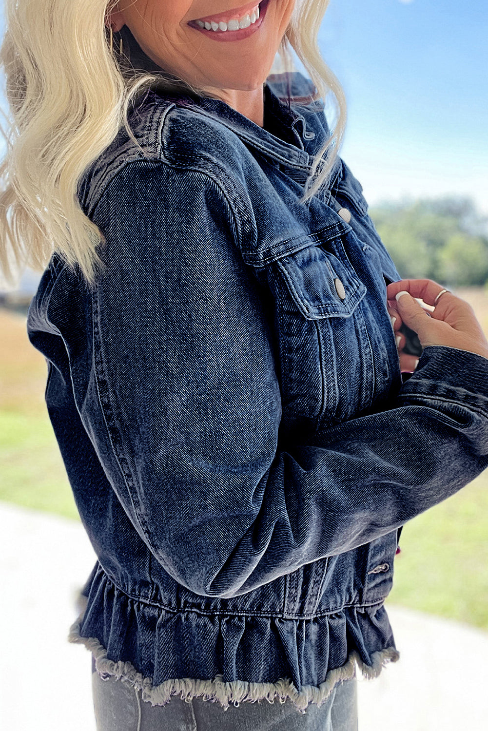 Ruffle Hem Denim Jacket - Jacket