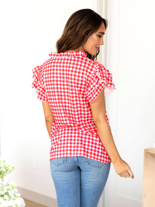 Ruffle Sleeve Gingham Tee – Red Gingham Perfection - Shirt