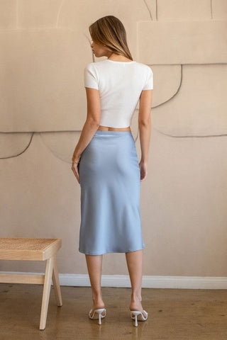 Satin Side Slit Midi Skirt – Champagne & Dusty Blue - Skirt