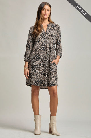 Scarlett Plus Size Black Paisley A-Line Dress with Pockets