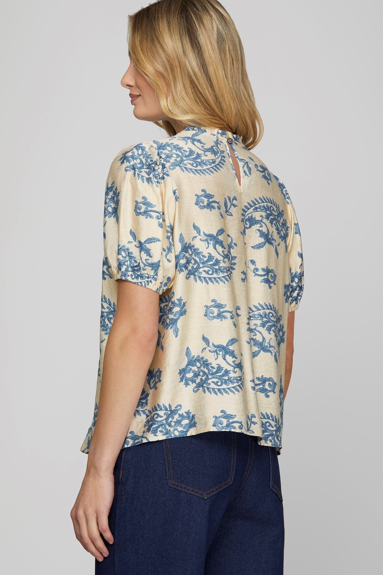Short Sleeve Ruffled Neck Printed Woven Top with Pleated & Lace Trim Detail - Women > Tops