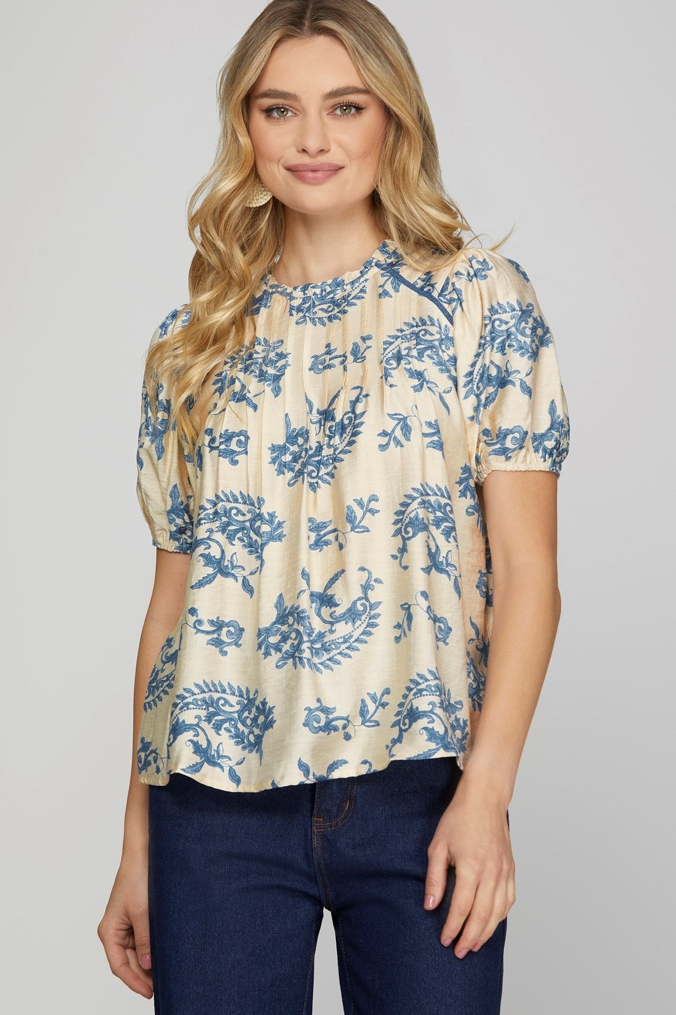 Short Sleeve Ruffled Neck Printed Woven Top with Pleated & Lace Trim Detail - Women > Tops