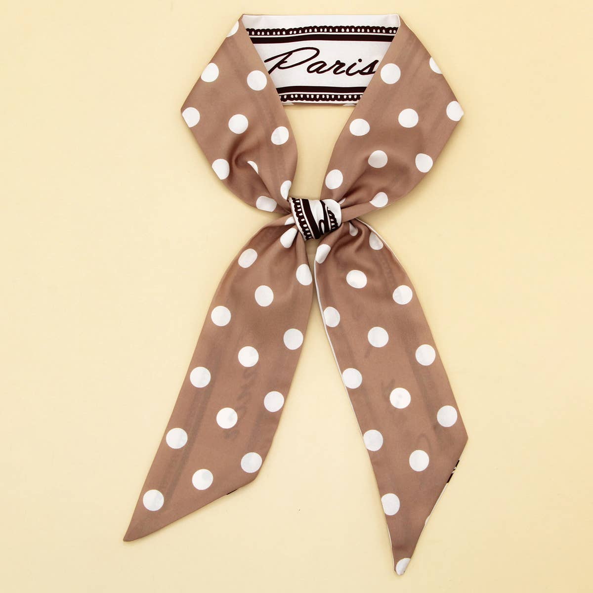 Silky Bowknot Scarf – Paris Polka Dot & Classic Plaid (96×6.5cm) - COFFEE - Accessories