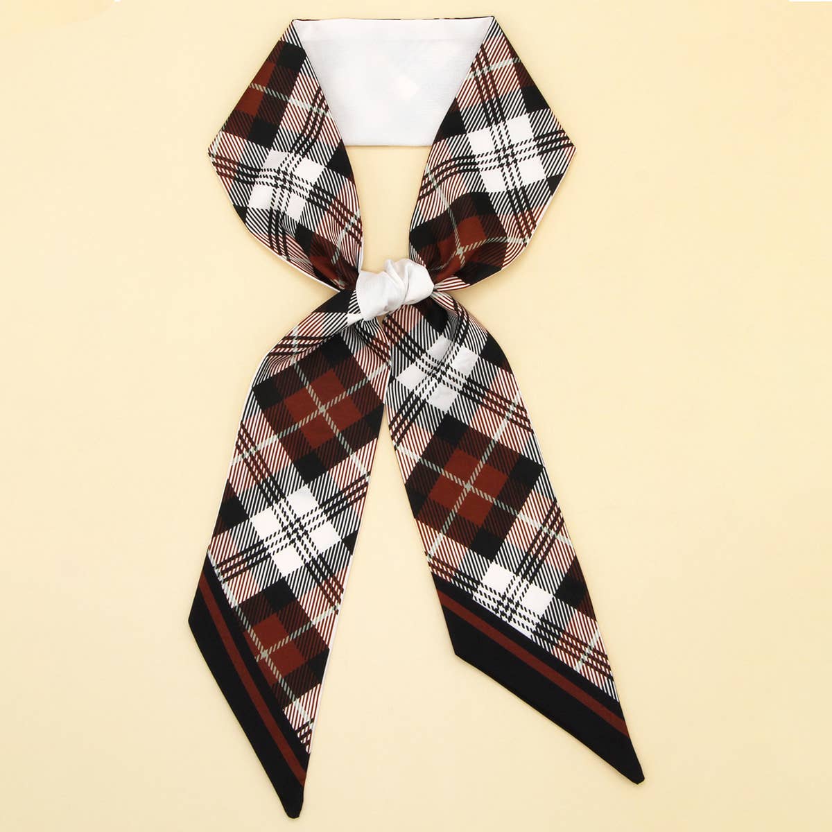 Silky Bowknot Scarf – Paris Polka Dot & Classic Plaid (96×6.5cm) - WINE - Accessories