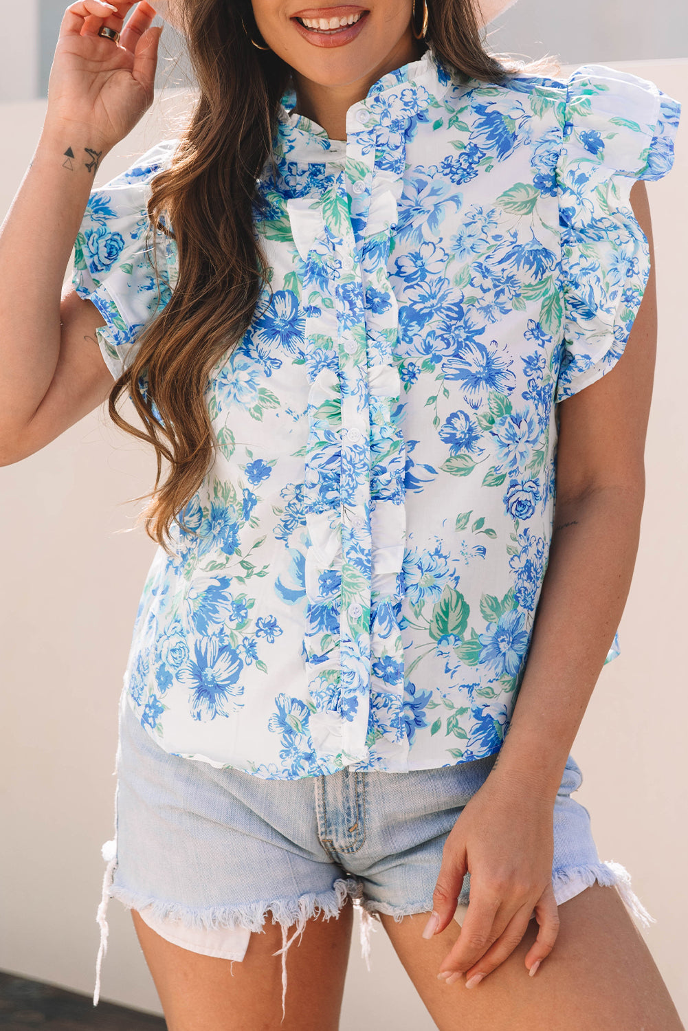 Sky Blue Floral Ruffle Button-Up Shirt - Women > Tops