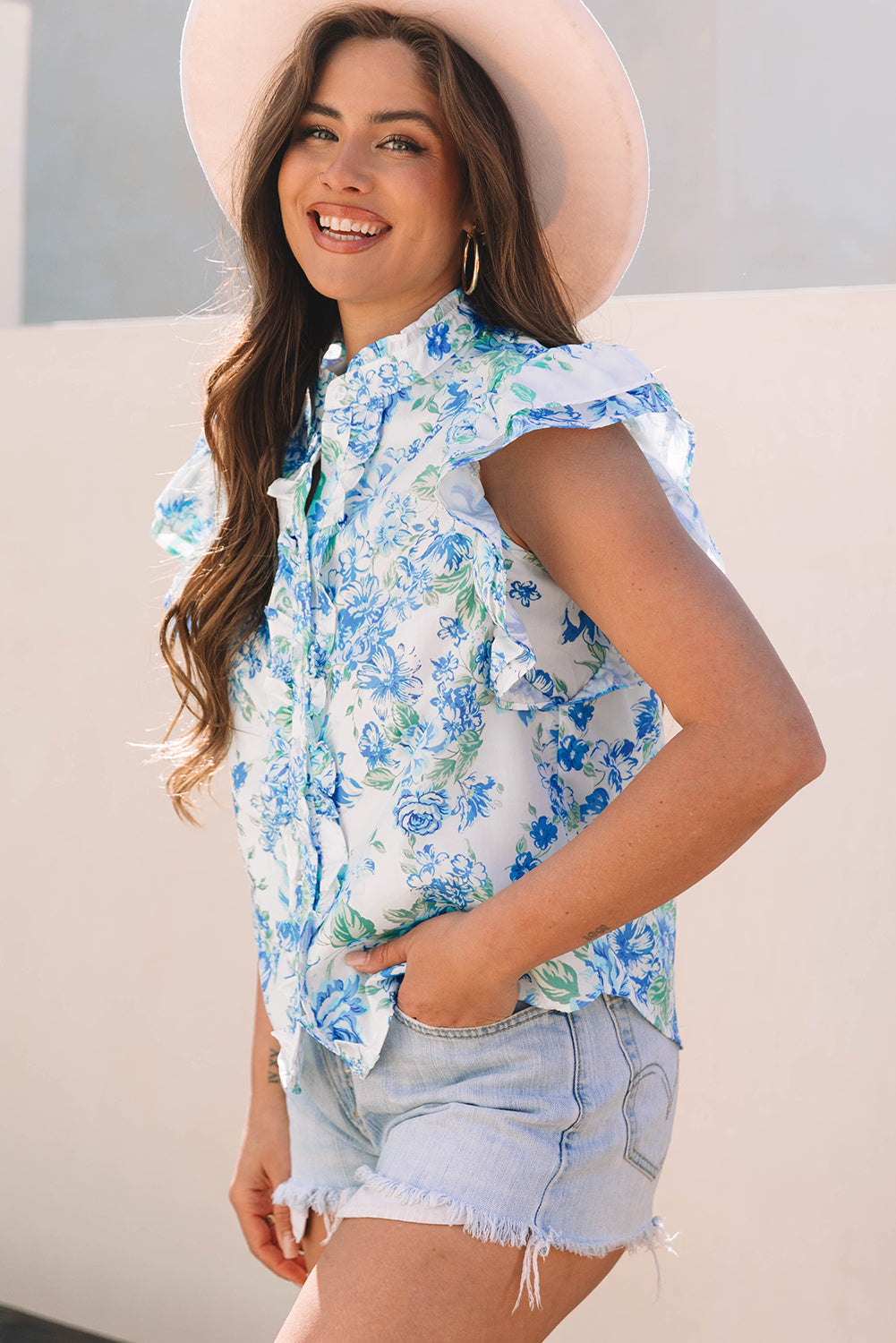 Sky Blue Floral Ruffle Button-Up Shirt - Women > Tops