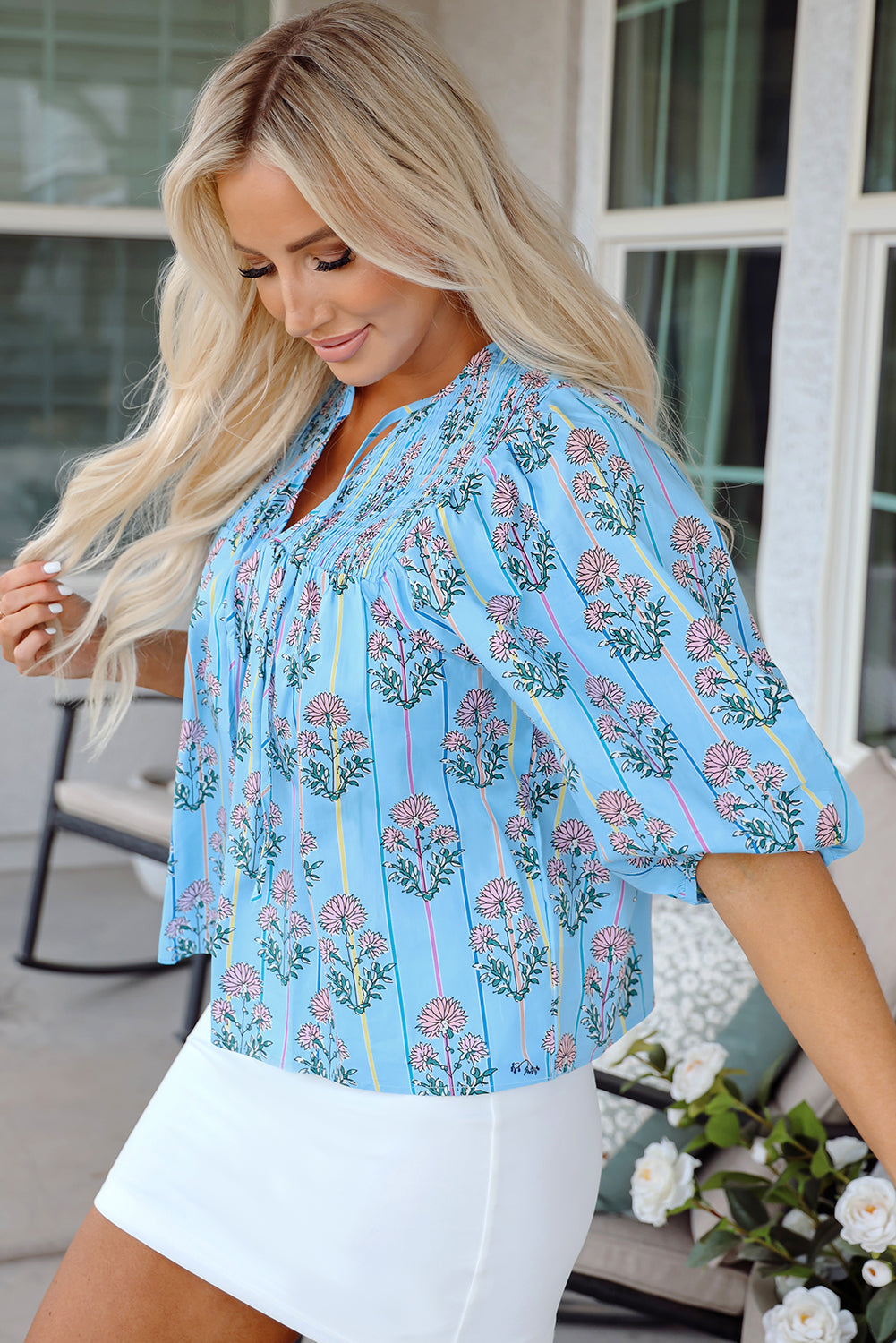 Sky Blue Floral Shirred Split Neck Blouse - Women > Tops