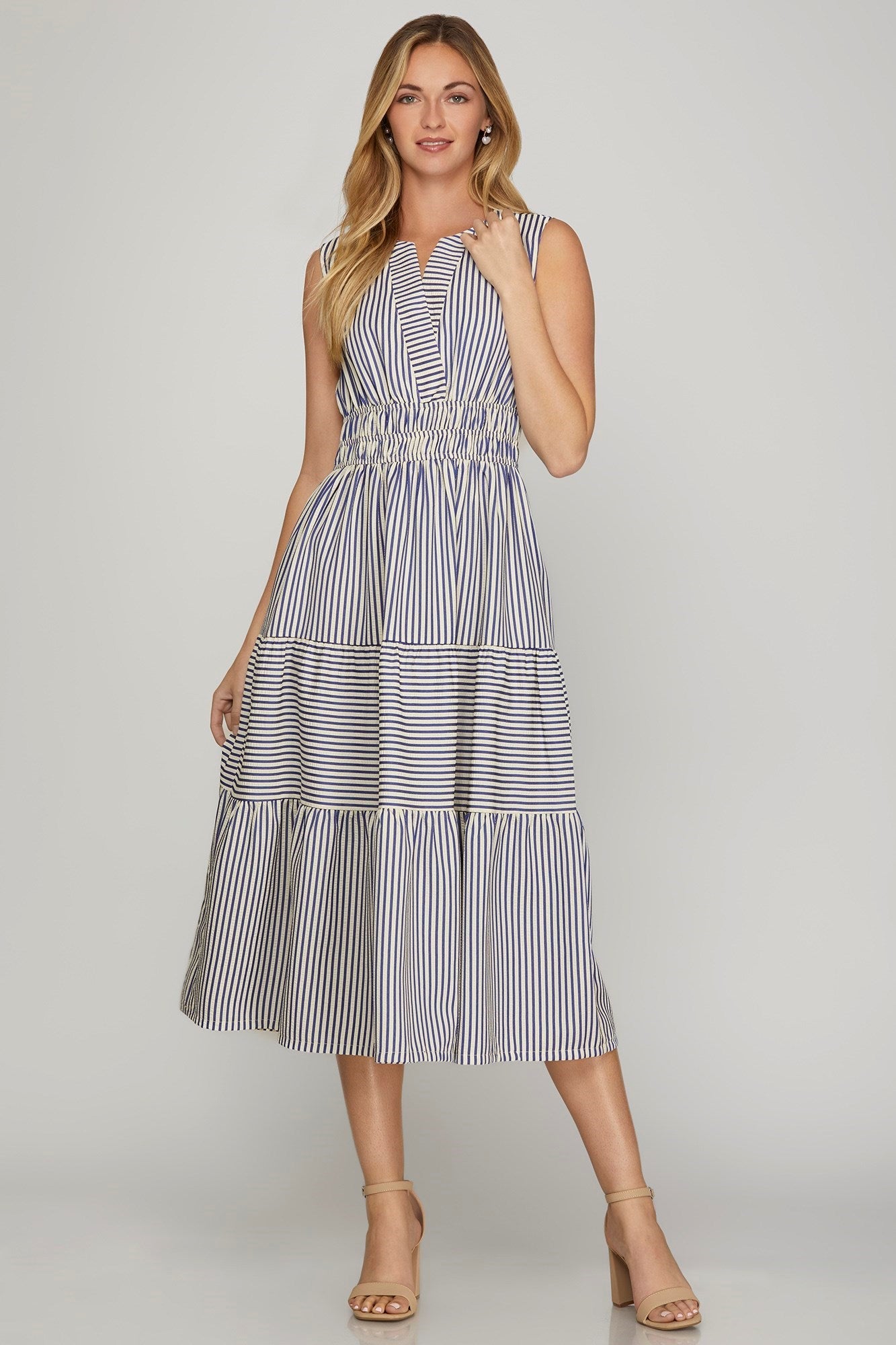 Sleeveless Striped Tiered Midi Dress with Pockets - Dress
