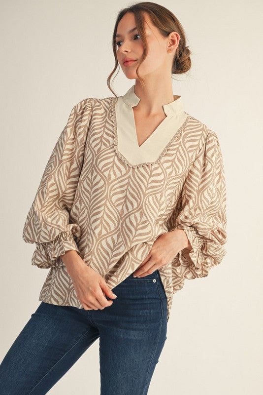 Standing Collared Boho Leaf Print Top – Lace Trim Detail - S - Women > Activewear > Tops > Long Sleeve