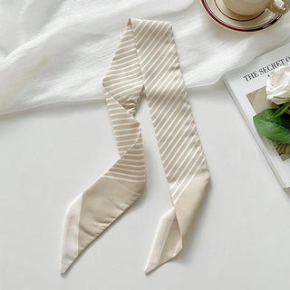 Striped Skinny Silk Scarf – Classic Necktie Twilly (3 Colors) - Beige & Ivory - Accessories