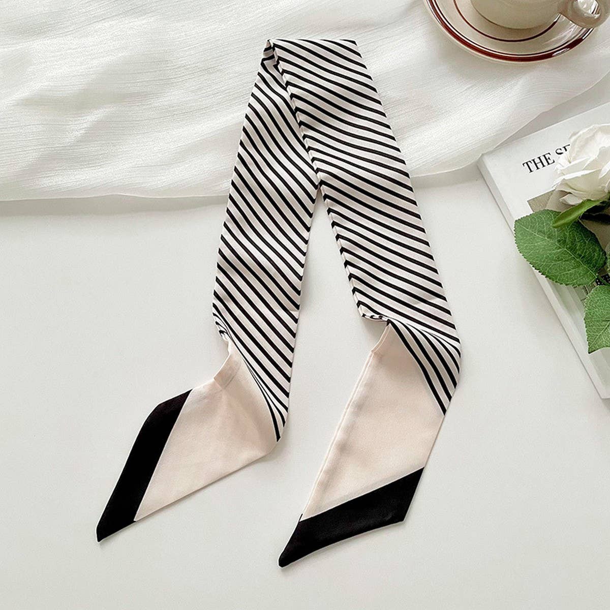 Striped Skinny Silk Scarf – Classic Necktie Twilly (3 Colors) - Black & Cream - Accessories