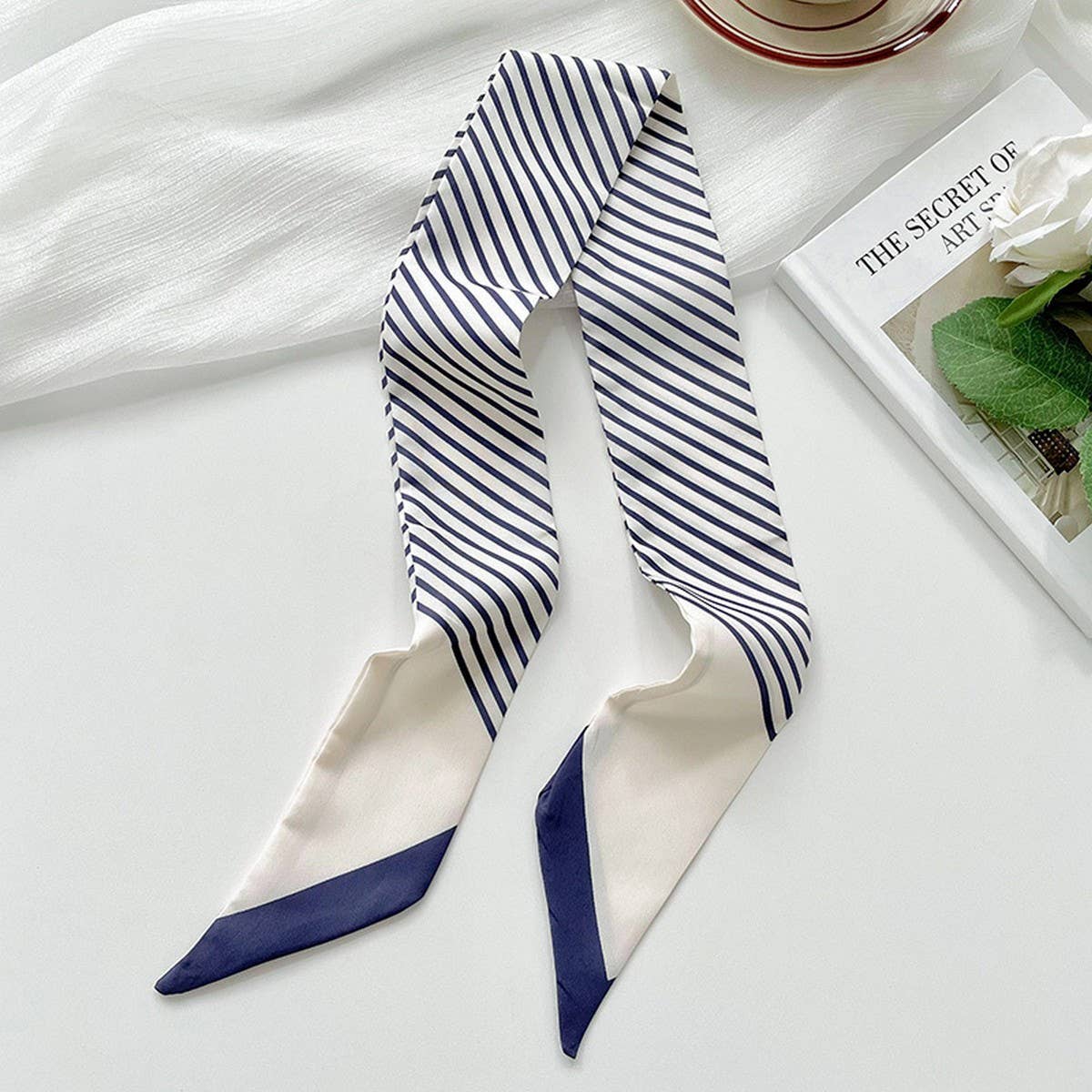 Striped Skinny Silk Scarf – Classic Necktie Twilly (3 Colors) - Navy & White - Accessories