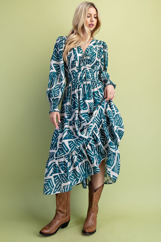 Teal Printed Smocked Midi Dress - Dress