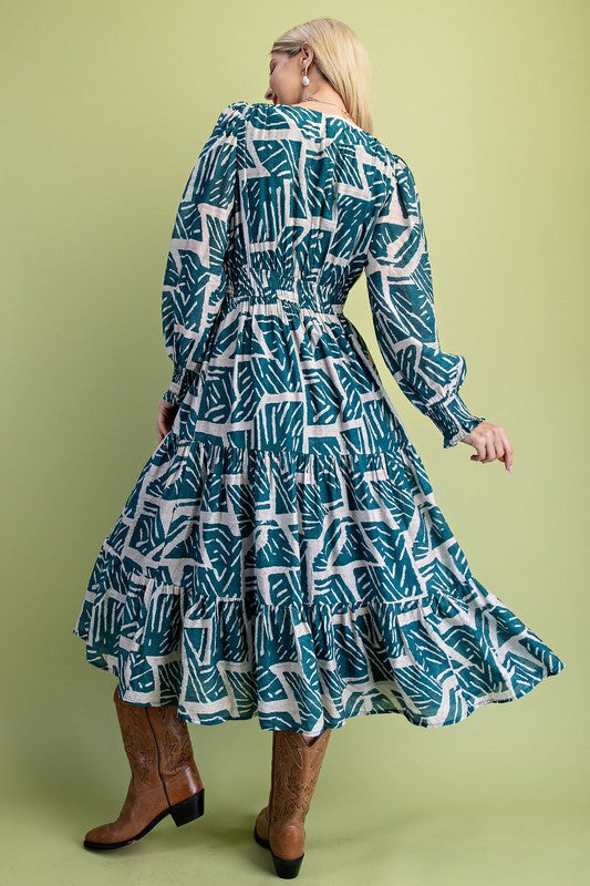 Teal Printed Smocked Midi Dress - Dress