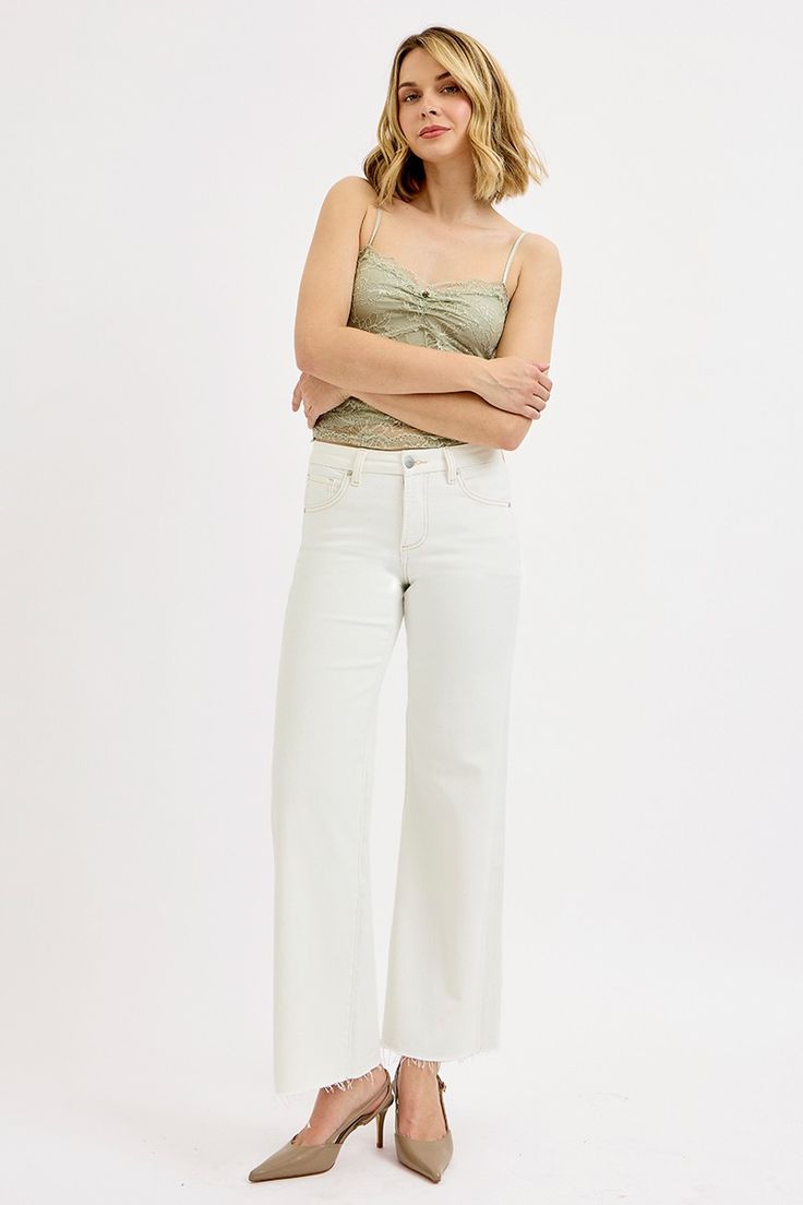 Tummy Control Mid Rise Wide Leg Pants – Cream - Jeans