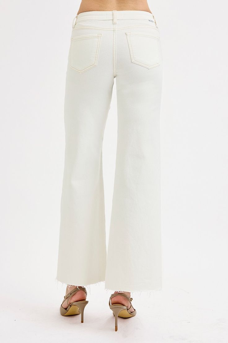 Tummy Control Mid Rise Wide Leg Pants – Cream - Jeans