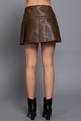 Vintage Wash Faux Leather Pleated Skirt - Skort