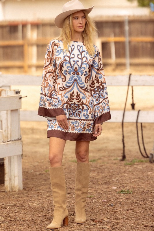Western Whimsy Border Print Mini Dress - Dress