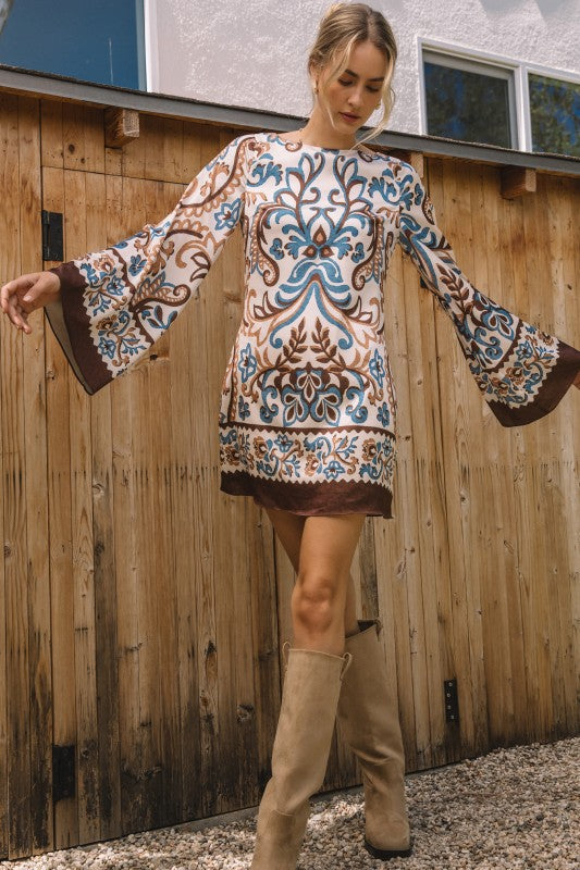 Western Whimsy Border Print Mini Dress - Dress