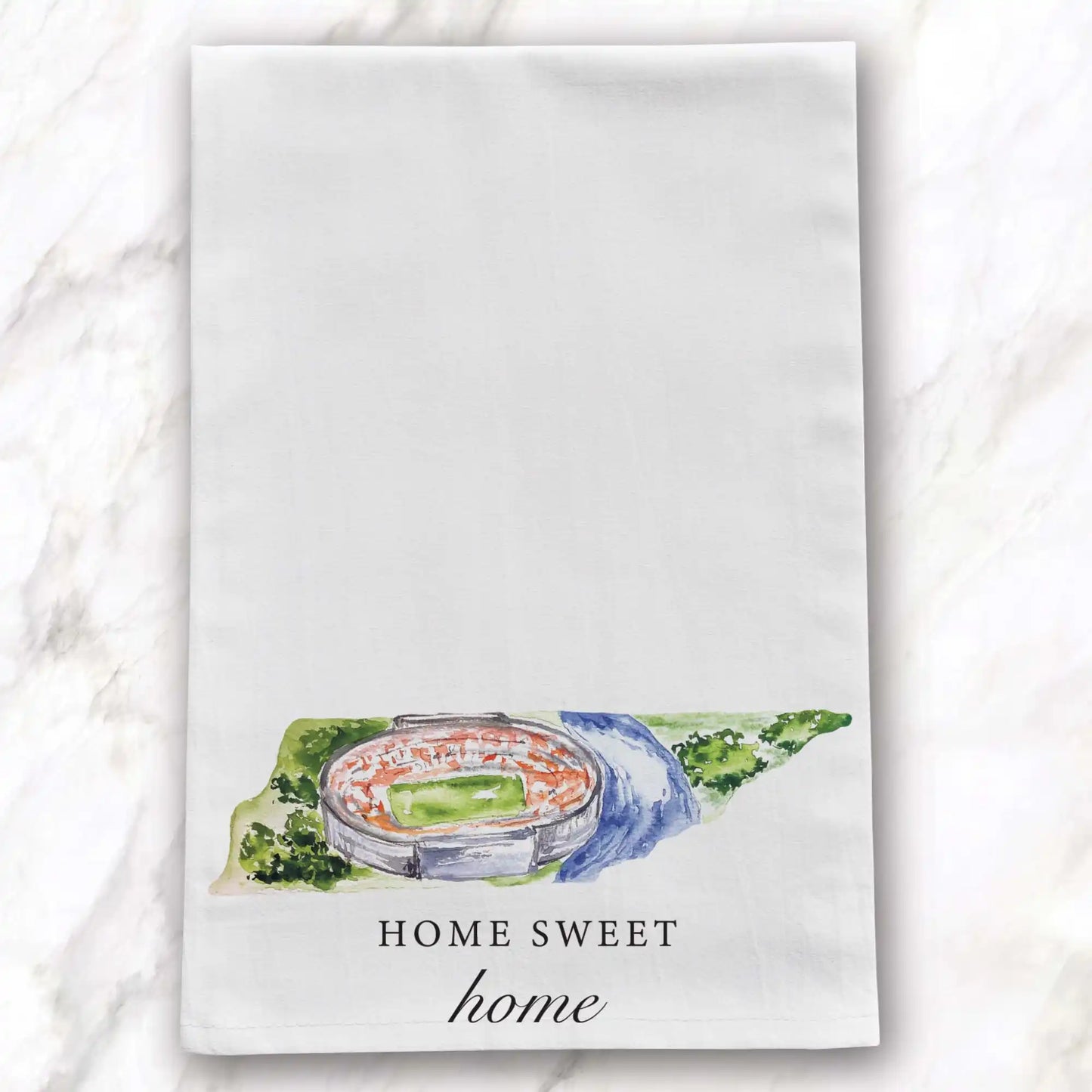 White tea towel with stadium illustration.