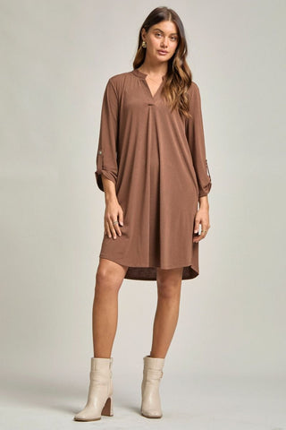 Wrinkle-Free Long Sleeve Dress — Black & Mocha - Mocha / S - Dress